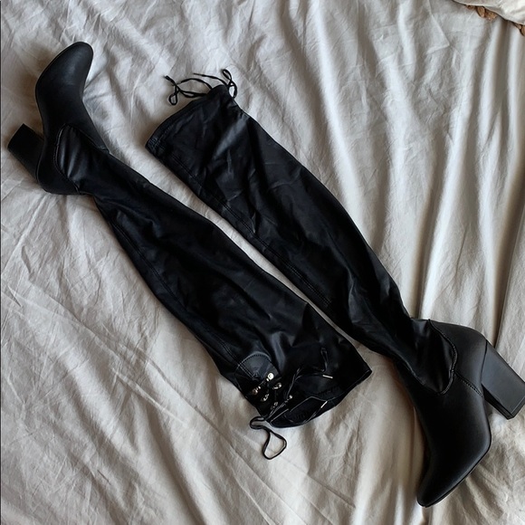 Qupid Shoes - Black, leather, over the knee boots